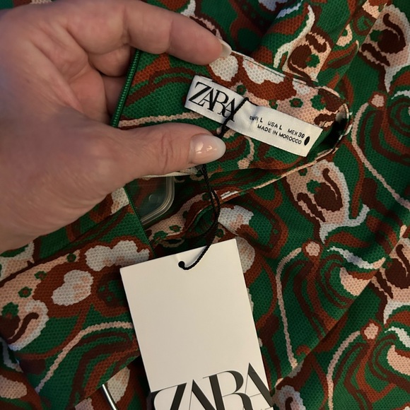 ZARA Green Paisley A-Line Dress With Mock Turtleneck- Sexy Side Slit- Size L NWT - Picture 3 of 5